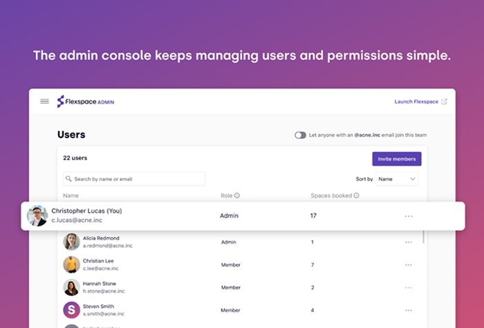 Flexspace admin console: Simplifies managing your uses and permissions.